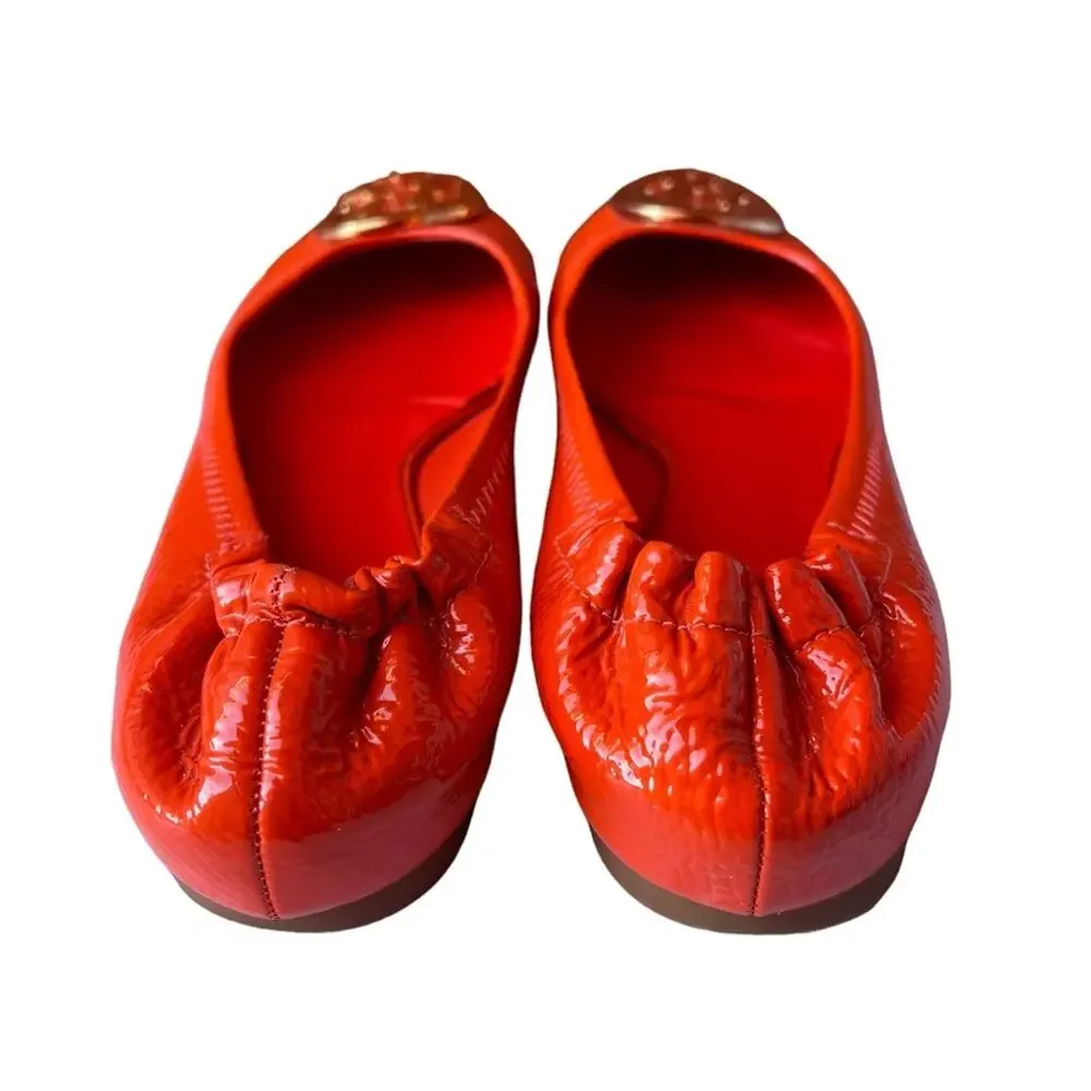 Tory Burch Minnie Travel Orange Patent Leather w/ Brass Logo Ballet Flats 7